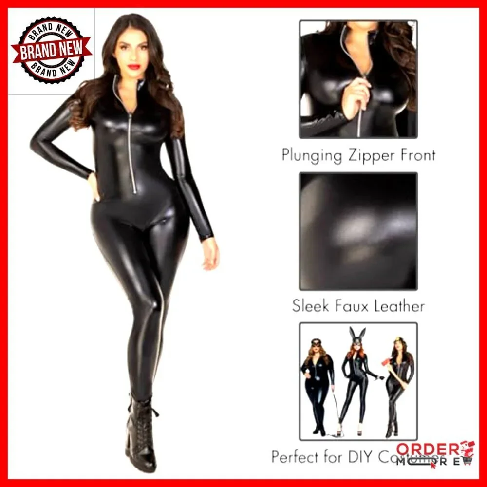 Wet Look Zipper Front Catsuit Costume, Stretchy Bodysuit for Halloween Cosplay